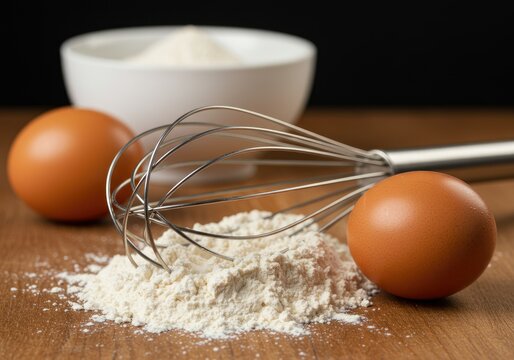 closeup whisk with egg and baking flour on the table - Powered by Adobe