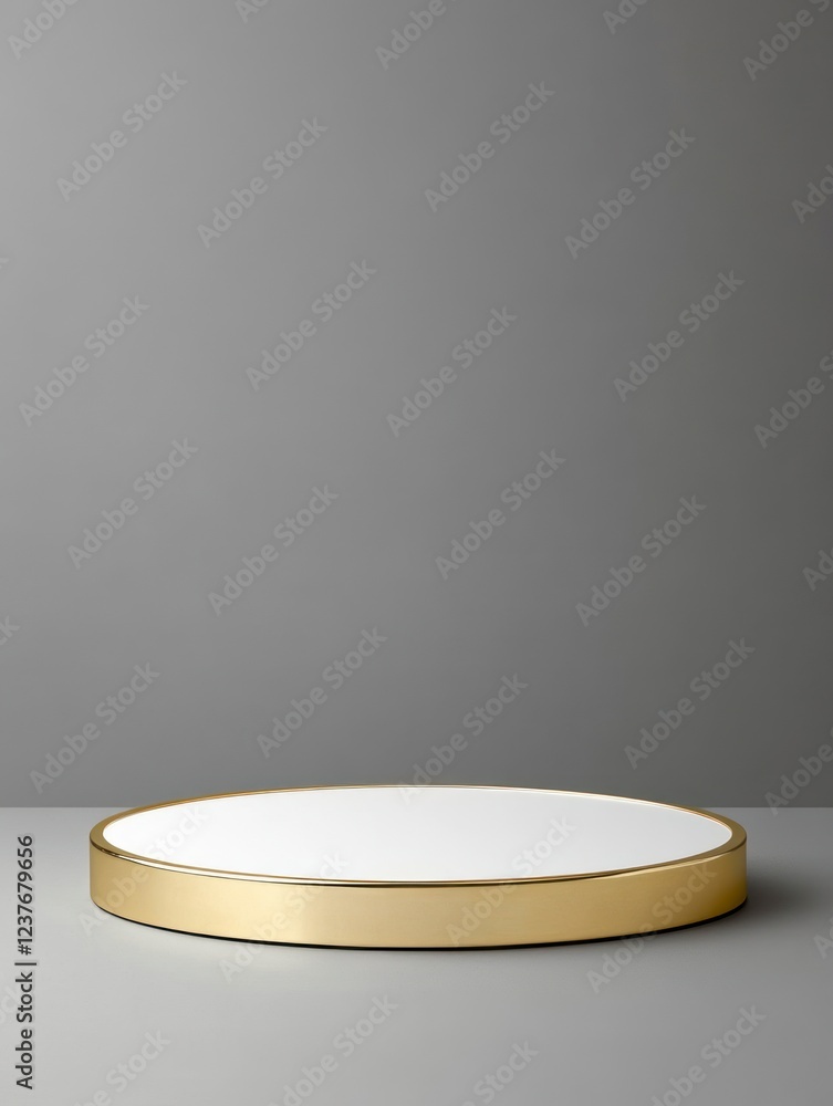Poster white podium pedestal with a golden border, isolated on a gray background with copy space for produc