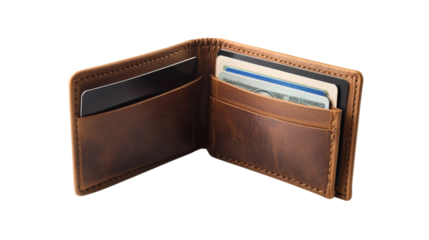 Brown leather wallet displaying various cards and cash