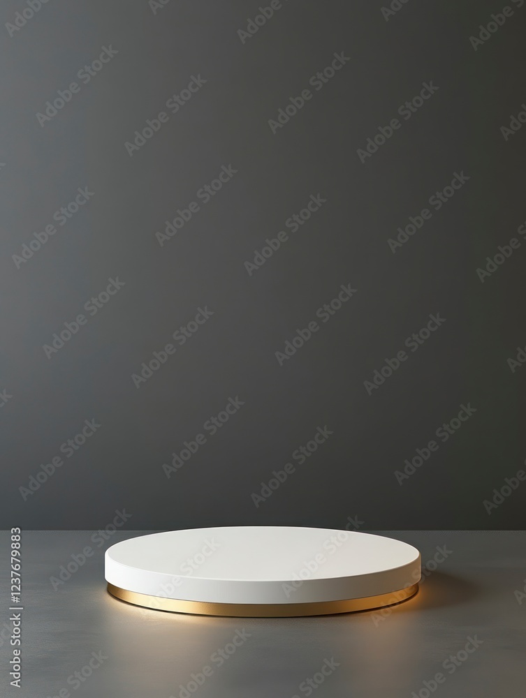 Poster white podium pedestal with a golden border, isolated on a gray background with copy space for produc
