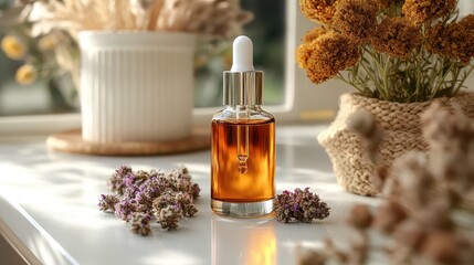Natural Essential Oil Bottle with Dried Flowers on Windowsill