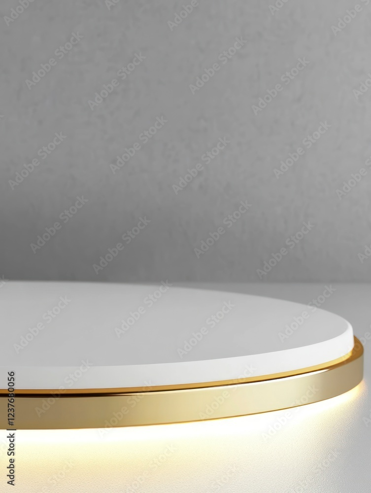 Poster white podium pedestal with a golden border, isolated on a gray background with copy space for produc