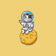Charming Cow Astronaut Moon Landing Cartoon Illustration