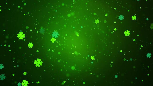 Loopable St. Patrick&rsquo;s Day Animation with Glowing Four-Leaf Clovers Floating and Roating Against a Festive Green Backdrop - Seamless Motion Background