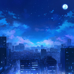 幻想的な未来都市｜サイバーパンクな夜景と巨大な月、アイコンにも使える素材。1 into 1 Ratio Size,square size 1:1