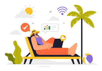 Digital Nomad Lifestyle Vector Illustration Featuring People Working Remotely While Traveling and Enjoying a Holiday in a Flat Style Background