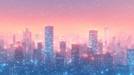 Fototapeta premium Futuristic city skyline, night, snowy, pink sky, digital art, website banner