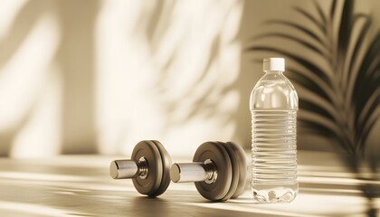 Dumbbells and water bottle rest near a plant