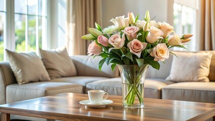Long-stemmed roses and lilies in a elegant vase on a coffee table, birthday gift, flower arrangement, elegant vase