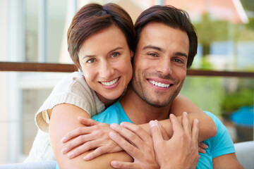 Portrait, smile and couple with embrace at house for real estate achievement, property security and...
