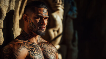 A dramatic shot of a Māori warrior’s tattooed chest, moko designs glowing against a backdrop of ancient stone carvings, soft light casting shadows