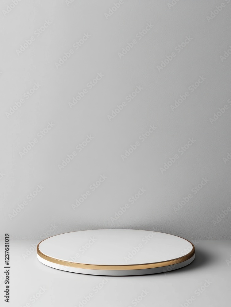 Poster white podium pedestal with a golden border, isolated on a gray background with copy space for produc