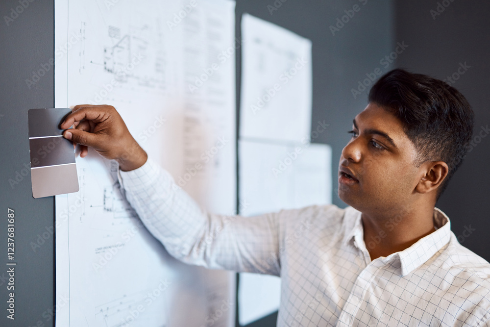 Poster project, architect and man with choice, color and documents for renovation, blueprint and property. 