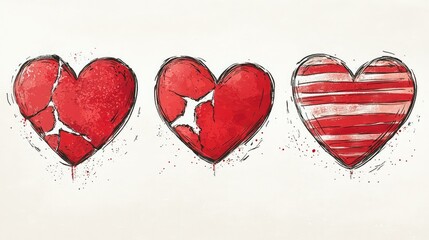 Set of four hand-drawn red hearts: striped, layered, broken, and banner-wrapped