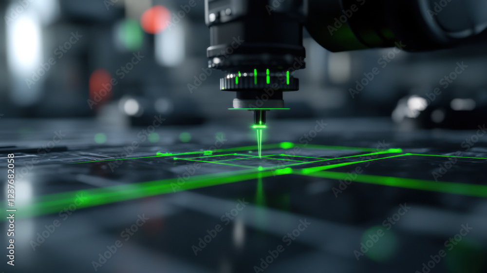 Aufkleber high tech construction setup with laser level measuring precision on surface. advanced equipment sho