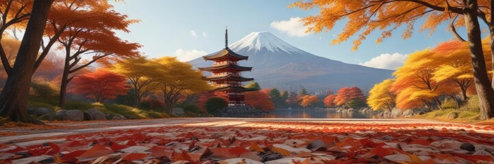 Fototapeta premium Majestic Mount Fuji towers above a carpet of vibrant autumn leaves and golden foliage, mountainous landscape, trees