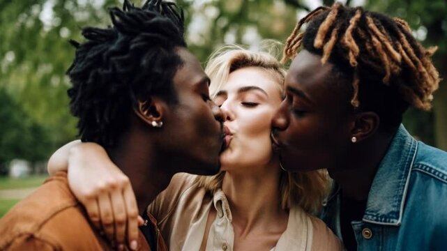 Polyamorous people, Smiling young woman living in a Polyamorous relationship with two men, posing at a park