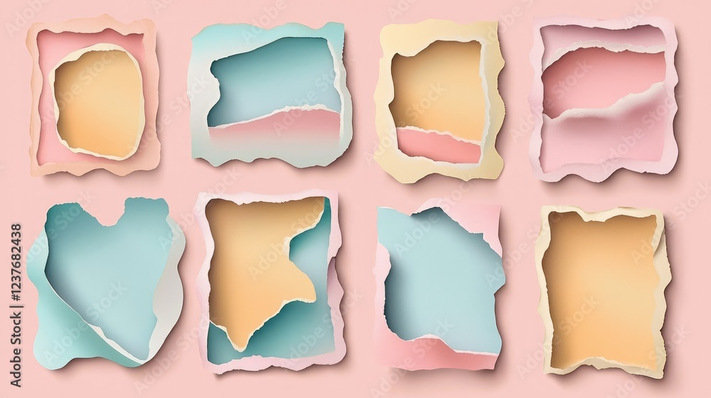 Poster set of torn paper frames and abstract cutout shapes, ideal for creative design compositions.