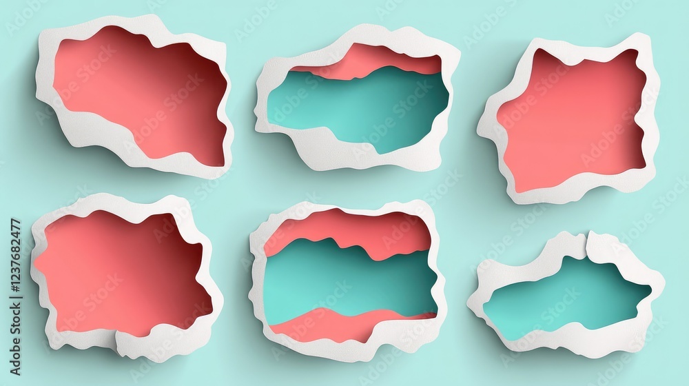 Poster set of torn paper frames and abstract cutout shapes, ideal for creative design compositions.
