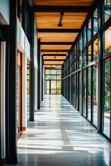 The interior design of the office corridor features glass and black metal frames, wooden ceiling panels, white walls with light wood grain decoration on top, creating an elegant atmosphere. 