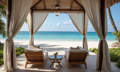 Obraz premium Island Getaway, Private Cabana, Relaxing Day, Ocean Breeze A private beach cabana with flowing curtains, comfy lounge chairs, and a refreshing breeze from