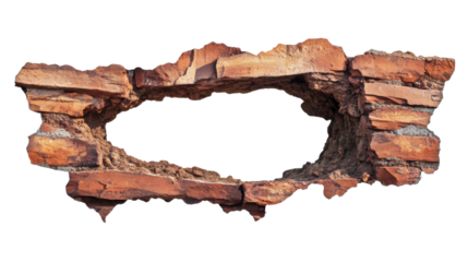 Broken brick wall creating oval shape on transparent background