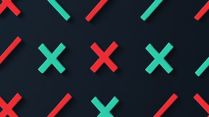 Obraz premium Simple green check marks and bold red X marks on a clean vector grid. Decision symbols for UI/UX design.