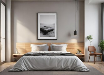 Minimalistic bedroom with framed artwork hanging on the wall, mockup, minimalistic, interior design