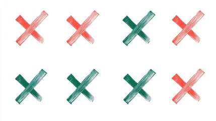 Obraz premium Simple green check marks and bold red X marks on a clean vector grid. Decision symbols for UI/UX design.