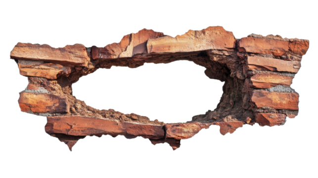 Broken brick wall creating oval shape on transparent background