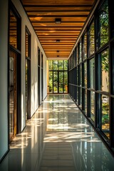 The interior design of the office corridor features glass and black metal frames, wooden ceiling panels, white walls with light wood grain decoration on top, creating an elegant atmosphere. 