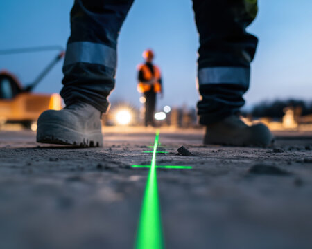 Construction worker using green laser level on site at dusk, showcasing precision and focus. scene highlights safety gear and equipment in dynamic work environment