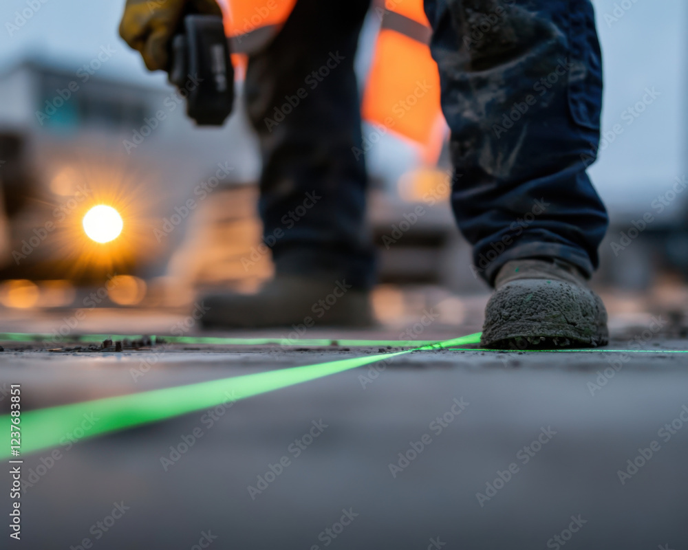Poster construction worker using laser level on construction site, focusing on precision. bright green lase