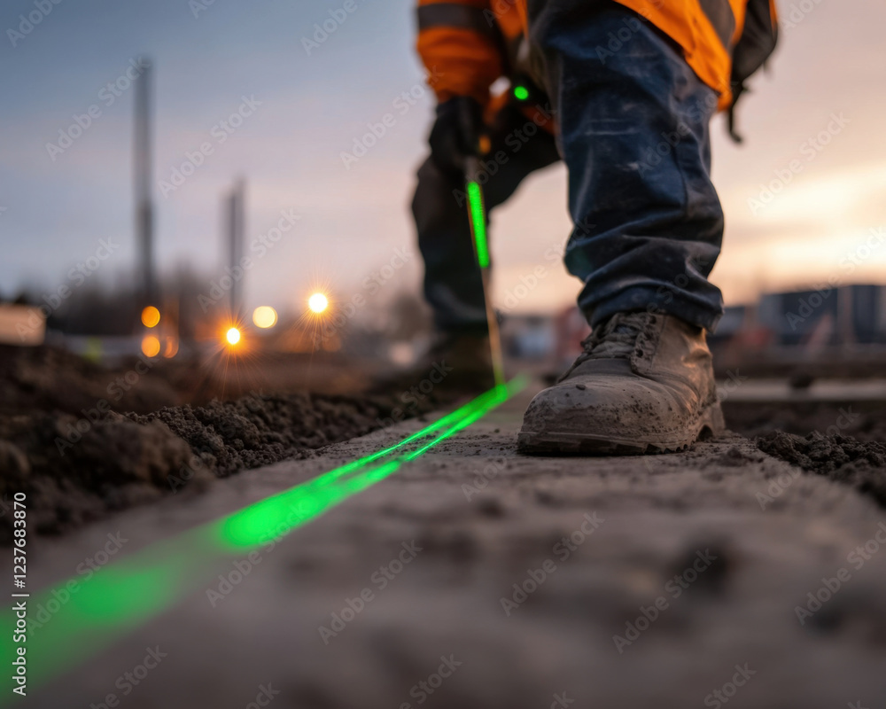 Poster construction worker uses green laser level to mark precise lines on construction site at dusk. scene