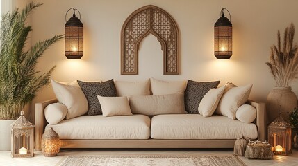 A simple sofa in soft beige tones, decorated with Ramadan-inspired patterns, a few decorative items like lanterns and candles, with room for displaying product details. 