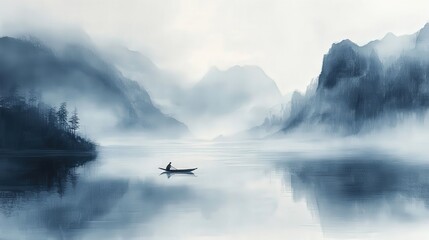 Solitude on Misty Lake: A lone figure in a small boat navigates a serene lake shrouded in mist, mountains rising majestically in the background, creating a tranquil and contemplative scene. 