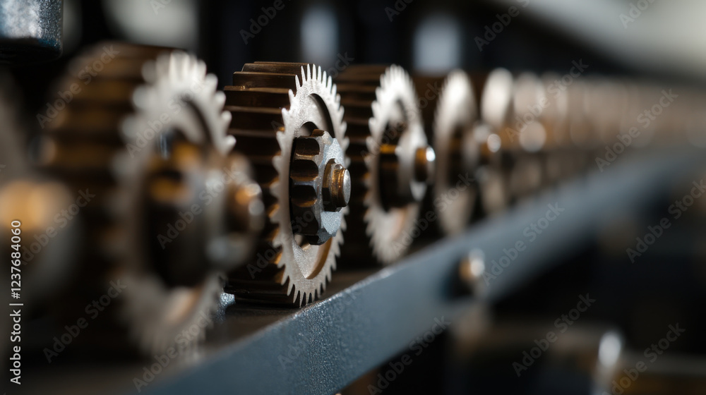 Poster intricate details of automation mechanics with close up view of gears, showcasing precision and engi