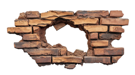 Broken brick wall with large hole showing transparent background