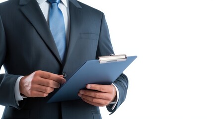 Businessman in suit with clipboard, professional conducting survey or taking notes
