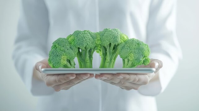 Healthy diet, person holding a tablet with fresh broccoli. embracing technology for nutrition management