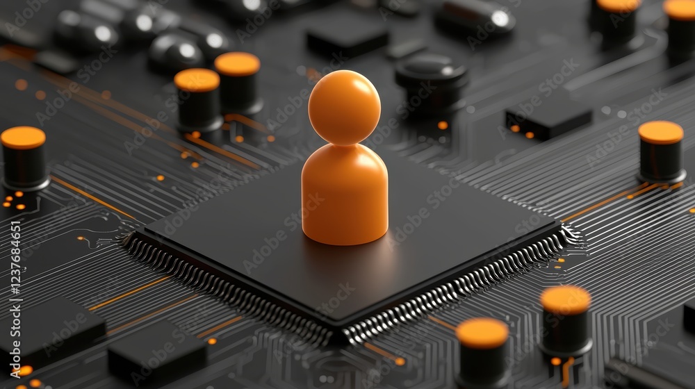 Poster human connection with technology, person standing on a computer microchip symbolizing the digital ag