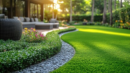Lush green lawn, patio sunset, garden design
