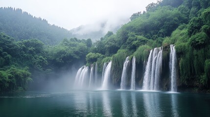 Fototapeta premium Misty Waterfall Paradise: A cascading waterfall tumbles into a tranquil lagoon nestled within a misty mountain valley. The lush greenery and soft.