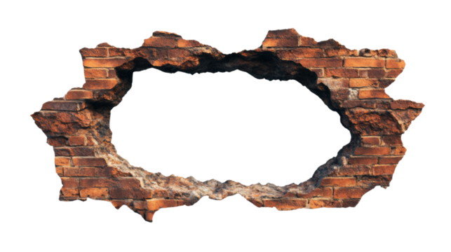 Broken brick wall creating oval frame with transparent background