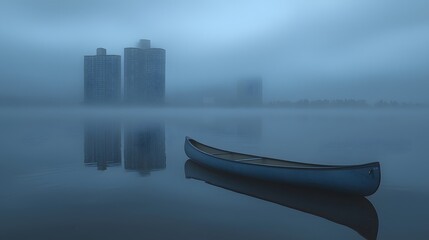 Serene Foggy Lake with Canoe City Skyline Reflection
