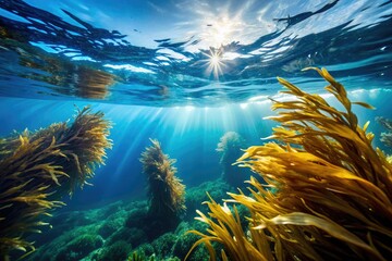 Obraz premium Navy blue seaweed swaying in ocean current, underwater plants, navy, ocean, wave, seaweed forest