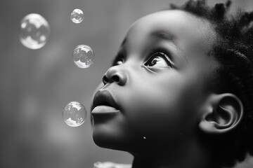 Joyful child amazed by bubbles.