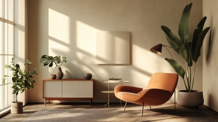 Sunlit Minimalist Living Room Interior with Orange Armchair and Plants