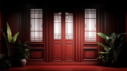 Red Chinese Style Room Interior Design with Plants