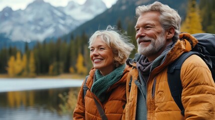 Senior couple hiking, mountain lake autumn scene, retirement travel